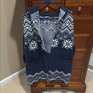 Style & Co. Blue and White Knit hooded open front Cardigan, sz XS, front pockets